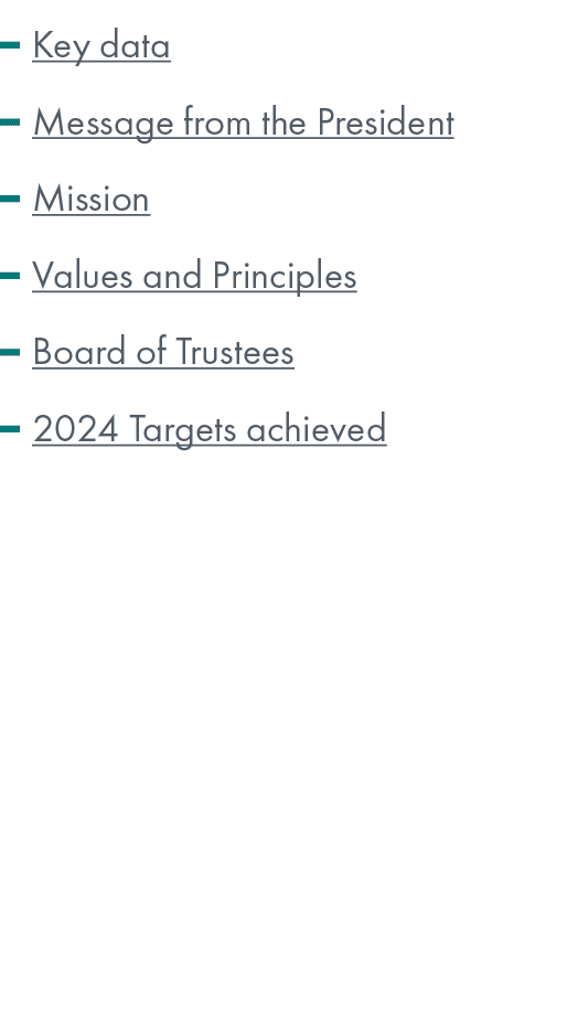 ￼ Key data ￼ Message from the President ￼ Mission ￼ Values and Principles ￼ Board of Trustees ￼ 2024 Targets achieved