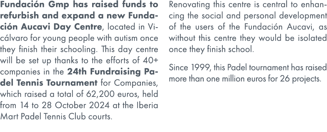 Fundaci n Gmp has raised funds to refurbish and expand a new Fundaci n Aucavi Day Centre, located in Vic lvaro for yo...