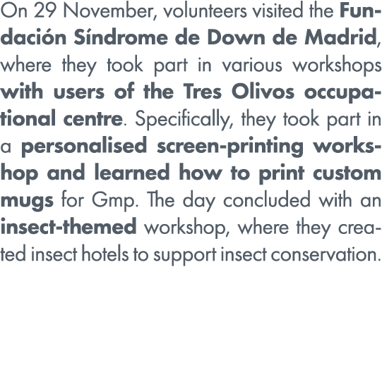 On 29 November, volunteers visited the Fundaci n S ndrome de Down de Madrid, where they took part in various workshop...