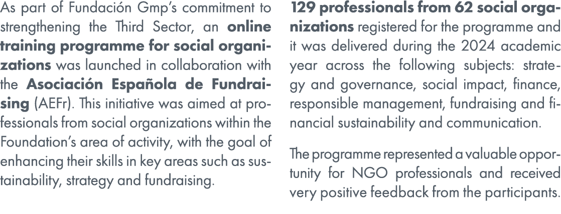 As part of Fundaci n Gmp’s commitment to strengthening the Third Sector, an online training programme for social orga...